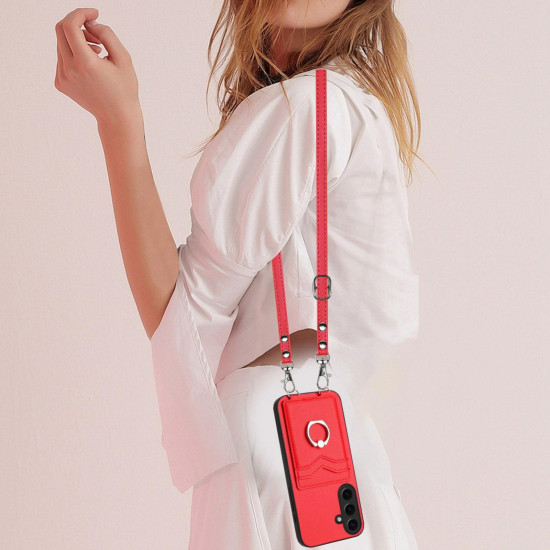 For Samsung Galaxy S24+ 5G R20 Crossbody Rope Ring Card Holder Phone Case(Red)