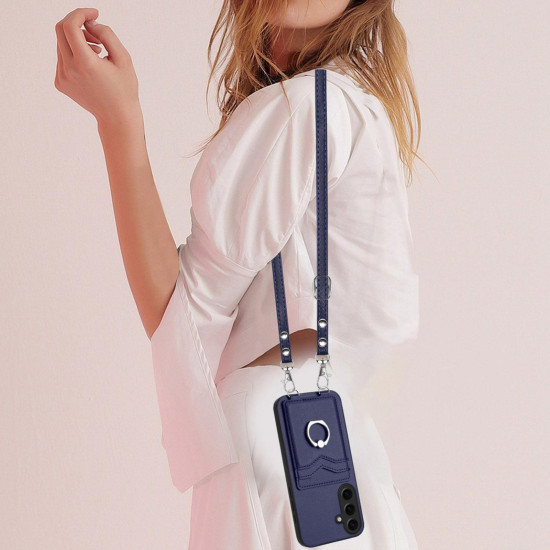 For Samsung Galaxy S24+ 5G R20 Crossbody Rope Ring Card Holder Phone Case(Blue)