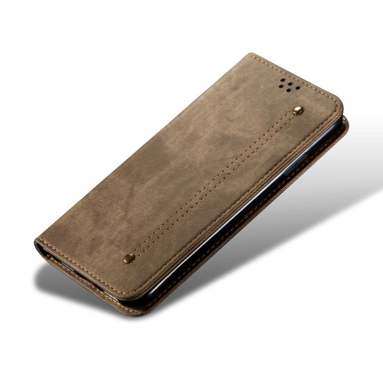 For Samsung Galaxy S24+ 5G Denim Texture Casual Style Horizontal Flip Leather Case(Khaki)