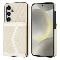 For Samsung Galaxy S24+ 5G Splicing Rhombic Texture Card Bag Phone Case with Long Lanyard(Beige)