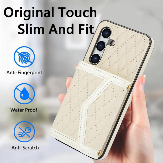 For Samsung Galaxy S24+ 5G Splicing Rhombic Texture Card Bag Phone Case with Long Lanyard(Beige)