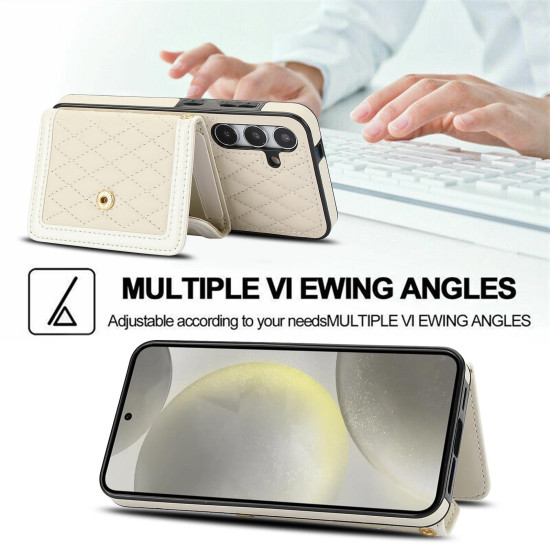 For Samsung Galaxy S24+ 5G Splicing Rhombic Texture Card Bag Phone Case with Long Lanyard(Beige)