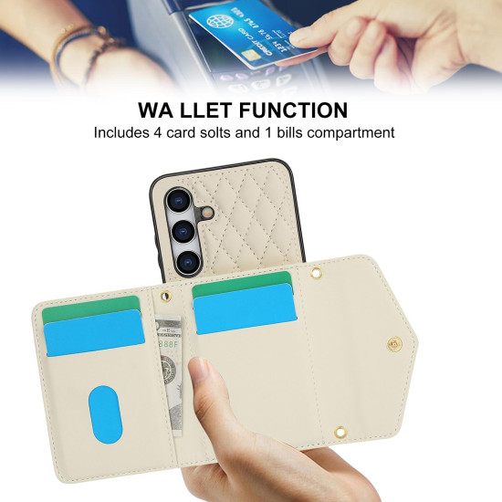 For Samsung Galaxy S24+ 5G Splicing Rhombic Texture Card Bag Phone Case with Long Lanyard(Beige)