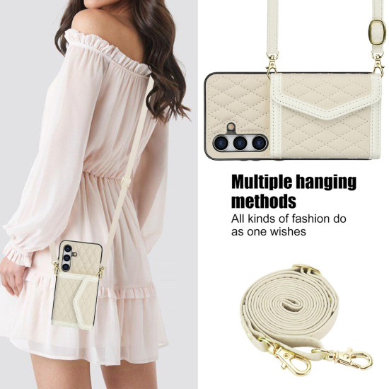 For Samsung Galaxy S24+ 5G Splicing Rhombic Texture Card Bag Phone Case with Long Lanyard(Beige)