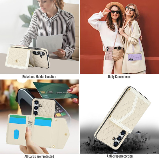 For Samsung Galaxy S24+ 5G Splicing Rhombic Texture Card Bag Phone Case with Long Lanyard(Beige)