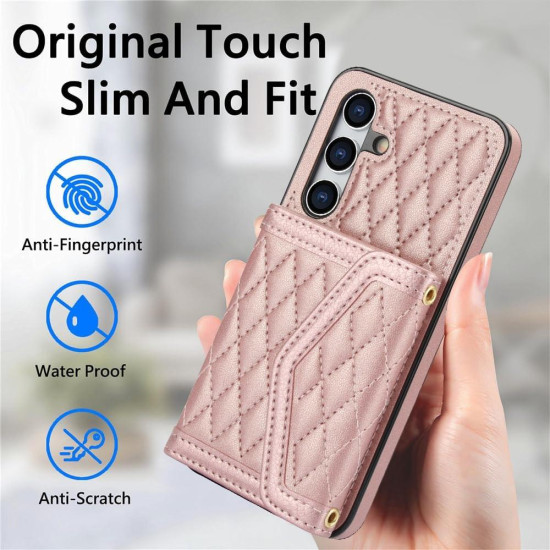 For Samsung Galaxy S24+ 5G Splicing Rhombic Texture Card Bag Phone Case with Long Lanyard(Rose Gold)