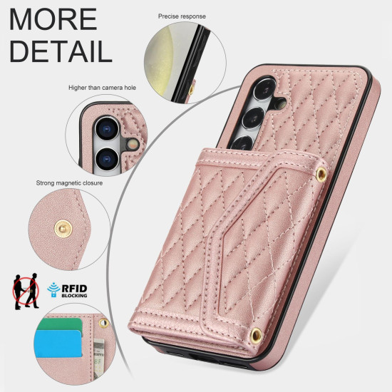 For Samsung Galaxy S24+ 5G Splicing Rhombic Texture Card Bag Phone Case with Long Lanyard(Rose Gold)