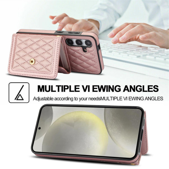 For Samsung Galaxy S24+ 5G Splicing Rhombic Texture Card Bag Phone Case with Long Lanyard(Rose Gold)