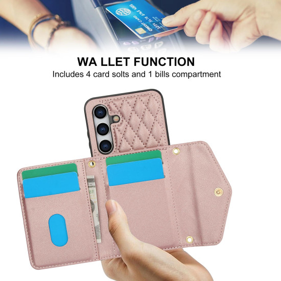 For Samsung Galaxy S24+ 5G Splicing Rhombic Texture Card Bag Phone Case with Long Lanyard(Rose Gold)