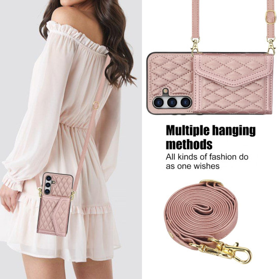 For Samsung Galaxy S24+ 5G Splicing Rhombic Texture Card Bag Phone Case with Long Lanyard(Rose Gold)
