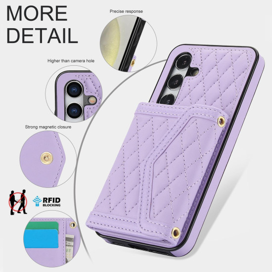 For Samsung Galaxy S24+ 5G Splicing Rhombic Texture Card Bag Phone Case with Long Lanyard(Purple)