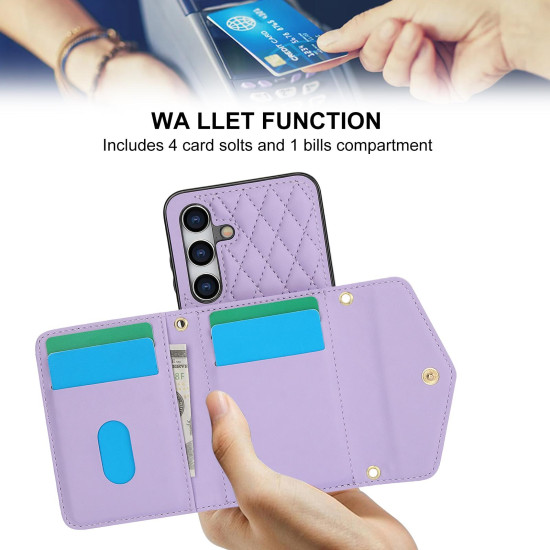 For Samsung Galaxy S24+ 5G Splicing Rhombic Texture Card Bag Phone Case with Long Lanyard(Purple)