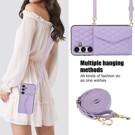 For Samsung Galaxy S24+ 5G Splicing Rhombic Texture Card Bag Phone Case with Long Lanyard(Purple)