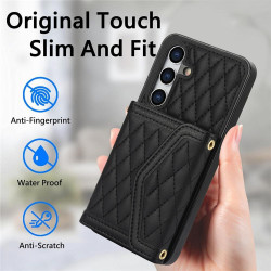 For Samsung Galaxy S24+ 5G Splicing Rhombic Texture Card Bag Phone Case with Long Lanyard(Black)