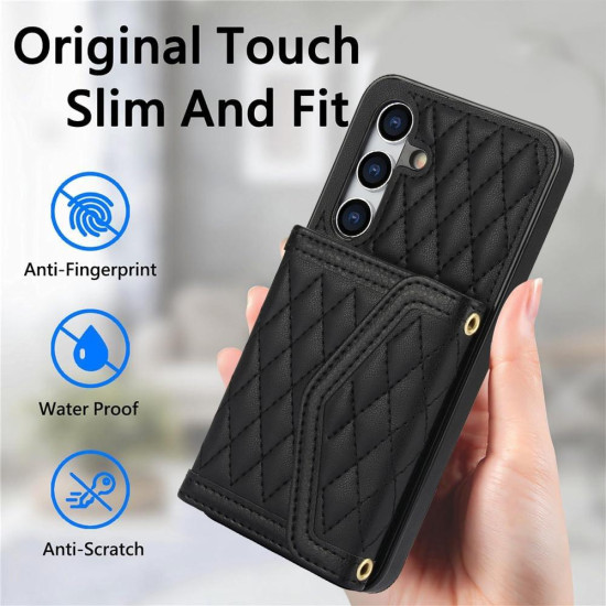 For Samsung Galaxy S24+ 5G Splicing Rhombic Texture Card Bag Phone Case with Long Lanyard(Black)