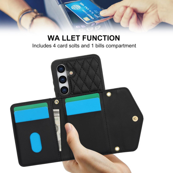 For Samsung Galaxy S24+ 5G Splicing Rhombic Texture Card Bag Phone Case with Long Lanyard(Black)