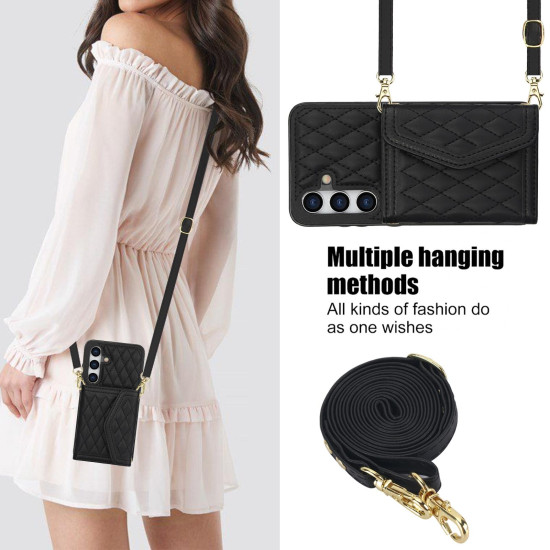 For Samsung Galaxy S24+ 5G Splicing Rhombic Texture Card Bag Phone Case with Long Lanyard(Black)