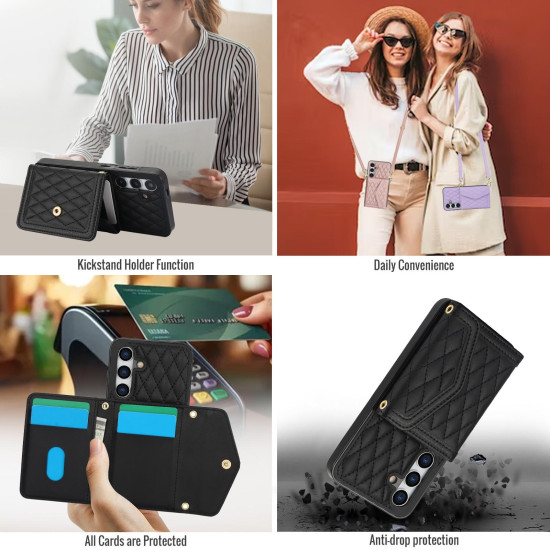 For Samsung Galaxy S24+ 5G Splicing Rhombic Texture Card Bag Phone Case with Long Lanyard(Black)