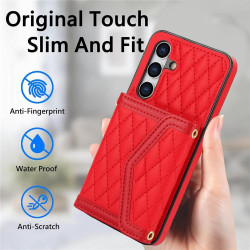 For Samsung Galaxy S24+ 5G Splicing Rhombic Texture Card Bag Phone Case with Long Lanyard(Red)