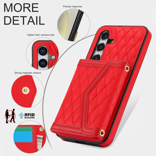 For Samsung Galaxy S24+ 5G Splicing Rhombic Texture Card Bag Phone Case with Long Lanyard(Red)