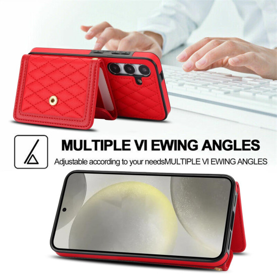 For Samsung Galaxy S24+ 5G Splicing Rhombic Texture Card Bag Phone Case with Long Lanyard(Red)