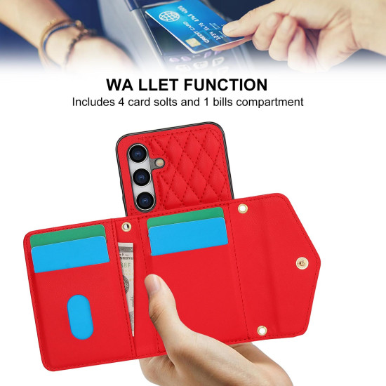 For Samsung Galaxy S24+ 5G Splicing Rhombic Texture Card Bag Phone Case with Long Lanyard(Red)
