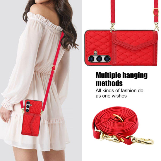 For Samsung Galaxy S24+ 5G Splicing Rhombic Texture Card Bag Phone Case with Long Lanyard(Red)