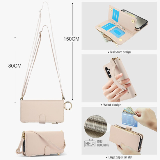 For Samsung Galaxy S24+ 5G Crossbody Ring Multifunctional Wallet Leather Phone Case(White)
