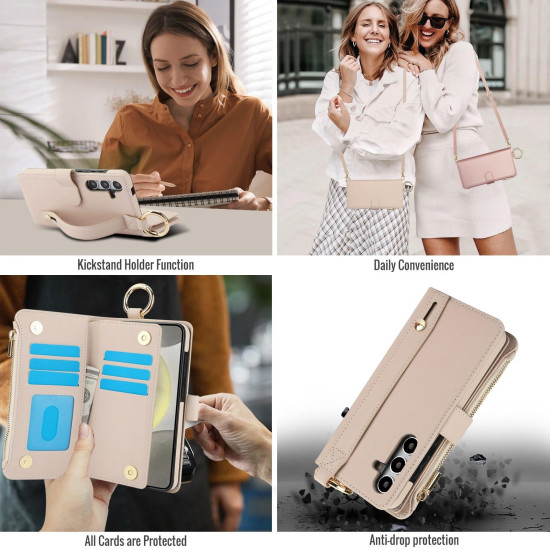 For Samsung Galaxy S24+ 5G Crossbody Ring Multifunctional Wallet Leather Phone Case(White)