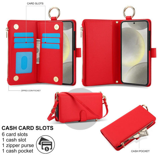 For Samsung Galaxy S24+ 5G Crossbody Ring Multifunctional Wallet Leather Phone Case(Red)