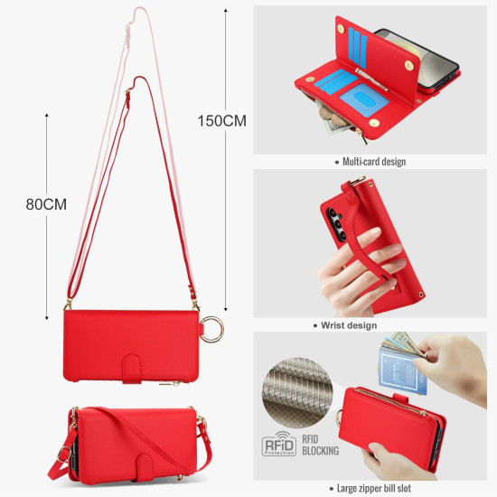 For Samsung Galaxy S24+ 5G Crossbody Ring Multifunctional Wallet Leather Phone Case(Red)
