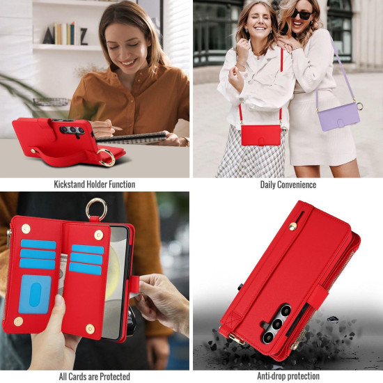 For Samsung Galaxy S24+ 5G Crossbody Ring Multifunctional Wallet Leather Phone Case(Red)
