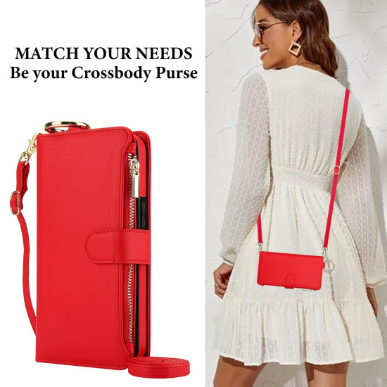 For Samsung Galaxy S24+ 5G Crossbody Ring Multifunctional Wallet Leather Phone Case(Red)