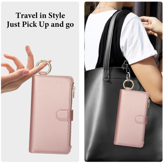 For Samsung Galaxy S24+ 5G Crossbody Ring Multifunctional Wallet Leather Phone Case(Rose Gold)
