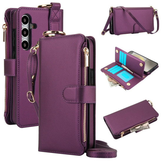 For Samsung Galaxy S24+ 5G Crossbody Ring Multifunctional Wallet Leather Phone Case(Dark Purple)