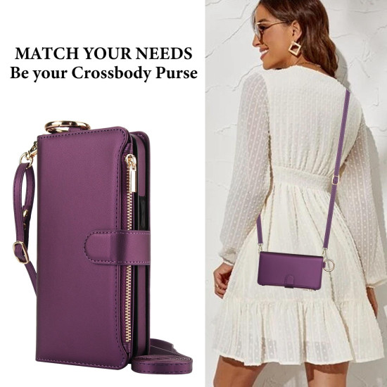 For Samsung Galaxy S24+ 5G Crossbody Ring Multifunctional Wallet Leather Phone Case(Dark Purple)