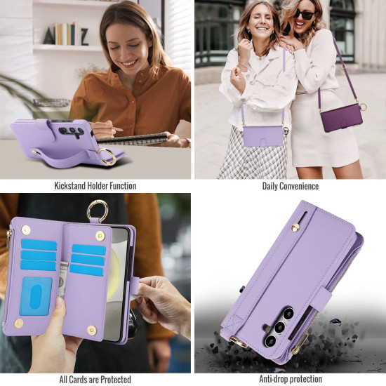 For Samsung Galaxy S24+ 5G Crossbody Ring Multifunctional Wallet Leather Phone Case(Purple)
