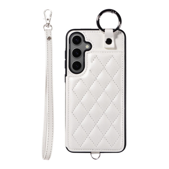 For Samsung Galaxy S24+ 5G Rhombic Texture Card Bag Phone Case with Short Lanyard(White)
