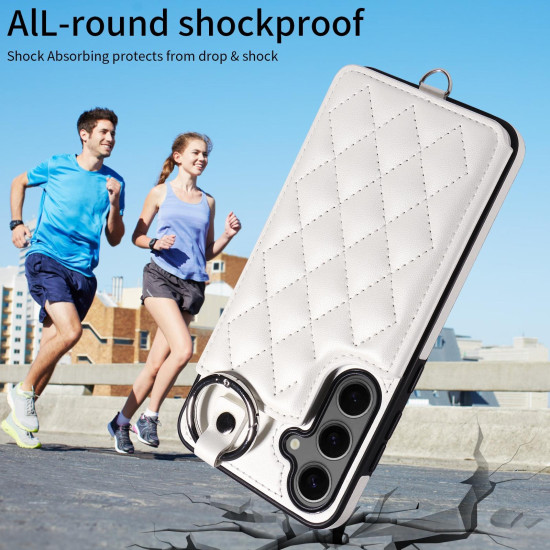 For Samsung Galaxy S24+ 5G Rhombic Texture Card Bag Phone Case with Short Lanyard(White)