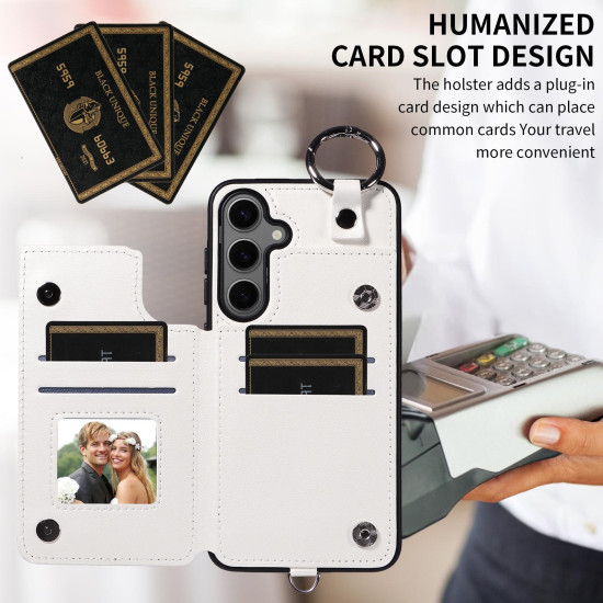 For Samsung Galaxy S24+ 5G Rhombic Texture Card Bag Phone Case with Short Lanyard(White)