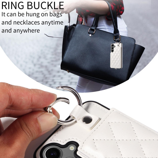 For Samsung Galaxy S24+ 5G Rhombic Texture Card Bag Phone Case with Short Lanyard(White)