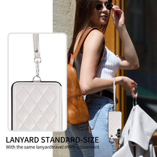 For Samsung Galaxy S24+ 5G Rhombic Texture Card Bag Phone Case with Short Lanyard(White)