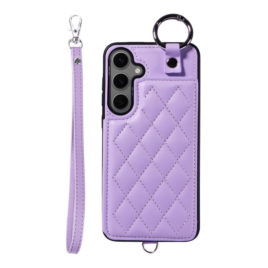 For Samsung Galaxy S24+ 5G Rhombic Texture Card Bag Phone Case with Short Lanyard(Purple)