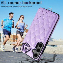 For Samsung Galaxy S24+ 5G Rhombic Texture Card Bag Phone Case with Short Lanyard(Purple)