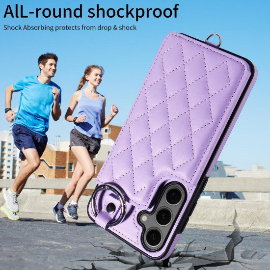 For Samsung Galaxy S24+ 5G Rhombic Texture Card Bag Phone Case with Short Lanyard(Purple)