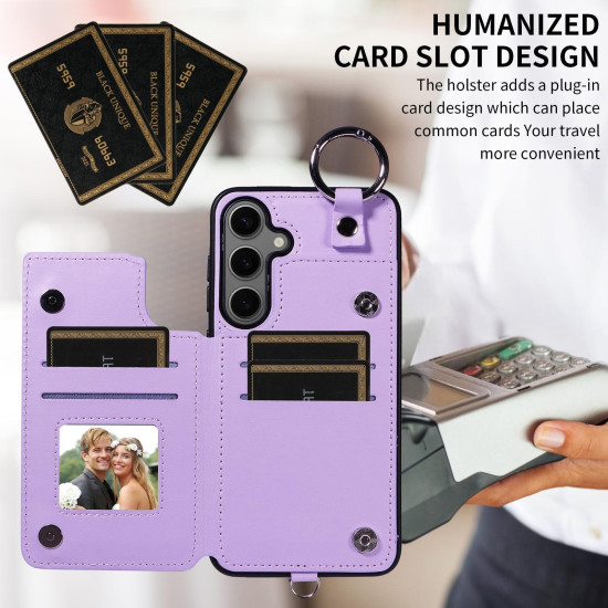 For Samsung Galaxy S24+ 5G Rhombic Texture Card Bag Phone Case with Short Lanyard(Purple)