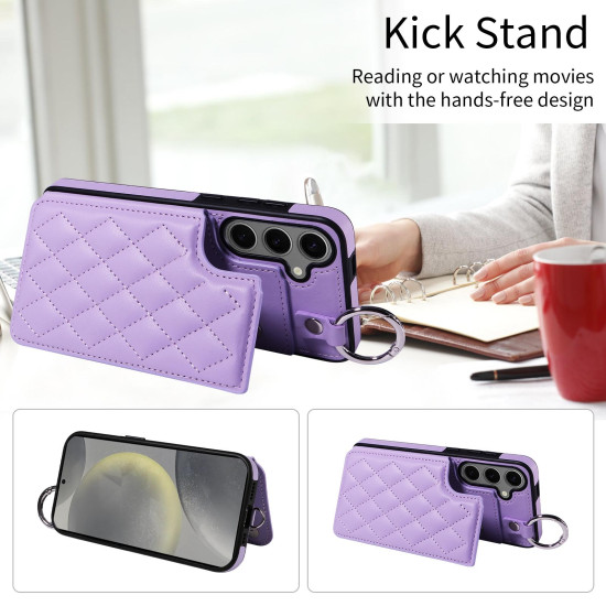 For Samsung Galaxy S24+ 5G Rhombic Texture Card Bag Phone Case with Short Lanyard(Purple)