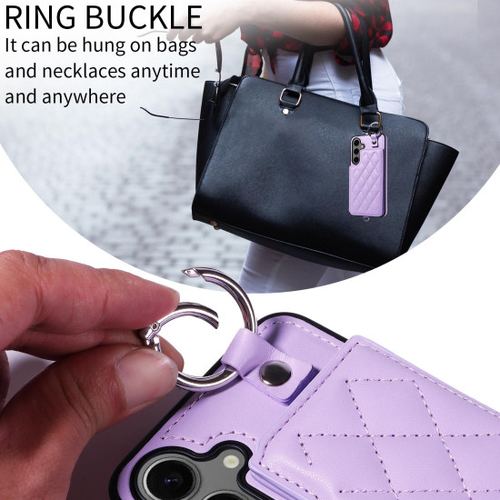 For Samsung Galaxy S24+ 5G Rhombic Texture Card Bag Phone Case with Short Lanyard(Purple)