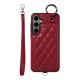 For Samsung Galaxy S24+ 5G Rhombic Texture Card Bag Phone Case with Short Lanyard(Wine Red)