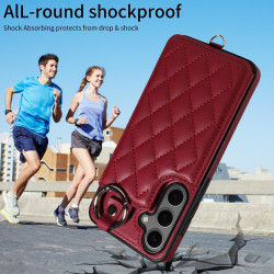 For Samsung Galaxy S24+ 5G Rhombic Texture Card Bag Phone Case with Short Lanyard(Wine Red)